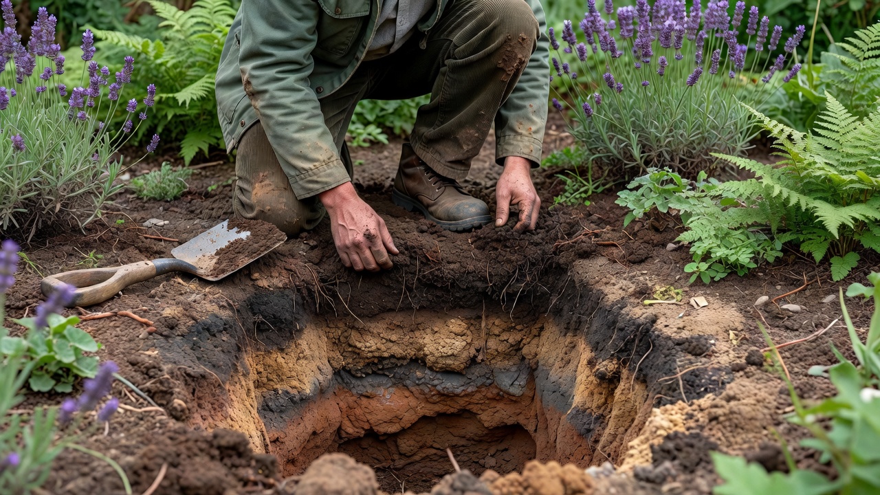 Gardener kneeling beside a freshly dug test hole in a border, examining the soil layers in natural daylight