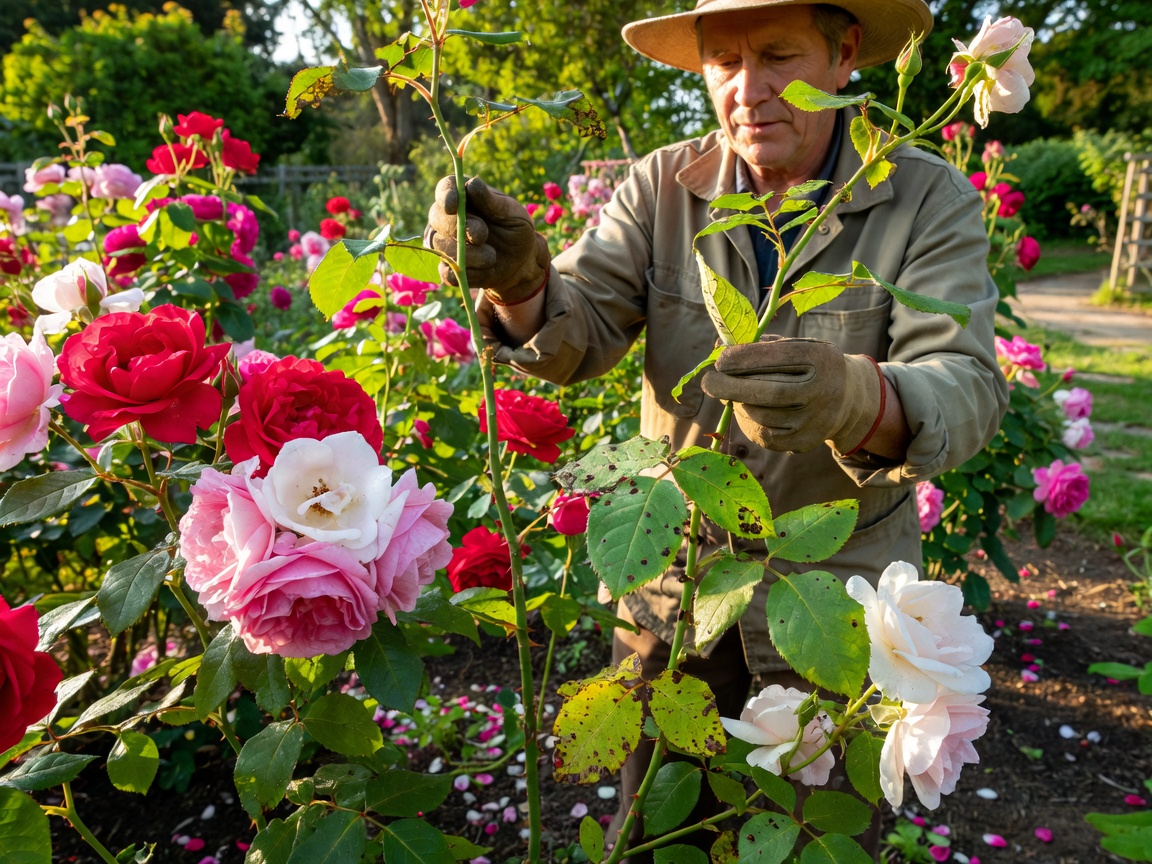 Gärtner in einem Rosengarten prüft Blätter und Stängel bei Tageslicht auf Flecken und Insekten