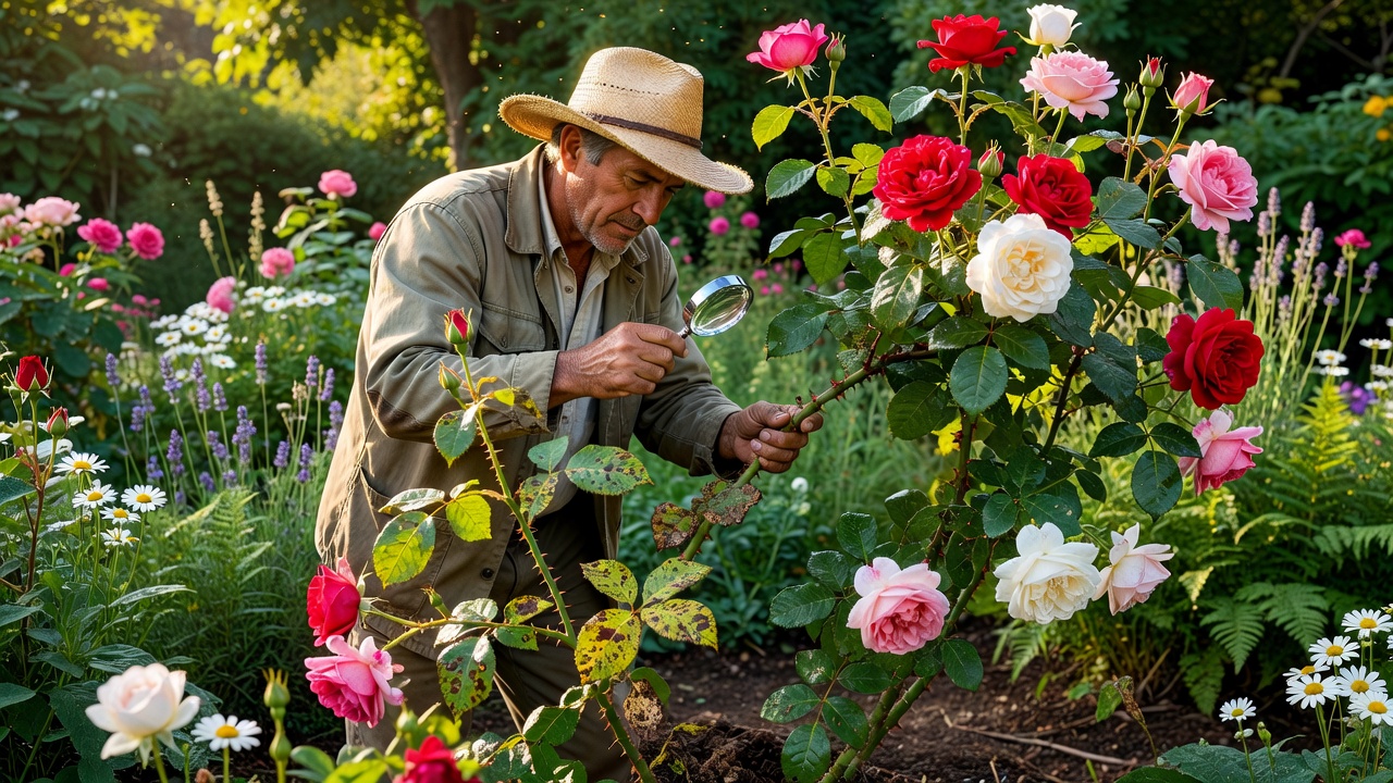 Gärtner in einem Sommergarten untersucht sorgfältig Rosentriebe und Blätter auf Krankheitsanzeichen und Insekten