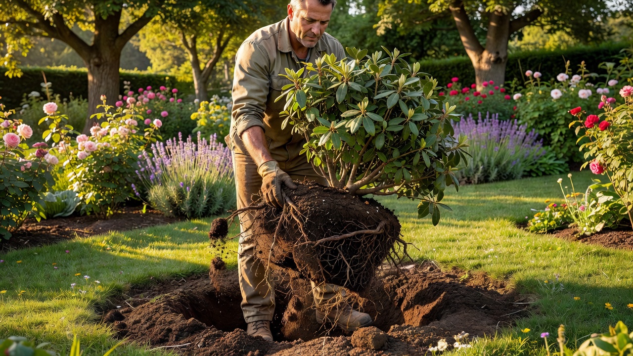 Gardener lifting a shrub during transplanting and inspecting its roots in a sunny garden