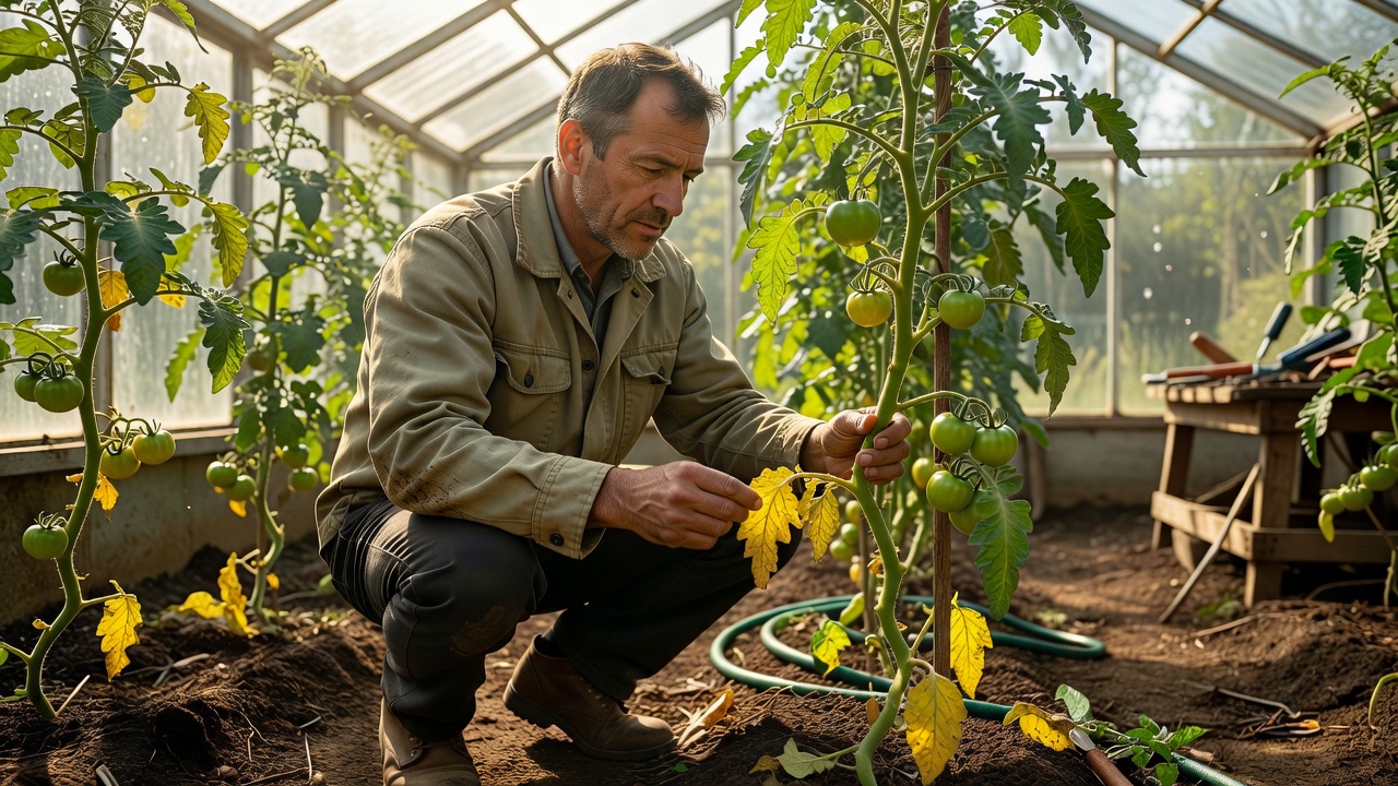 Gardener in a sunlit greenhouse examining the lower yellowing leaves of a tomato plant