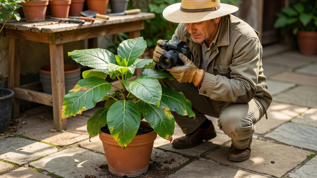 Gardener photographing the leaves of a potted plant on a patio to record symptoms in natural daylight