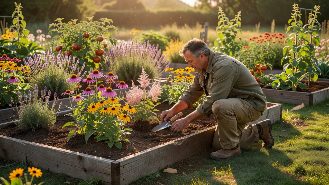 Gardener planting perennials into a raised bed in warm afternoon light with a wide garden behind