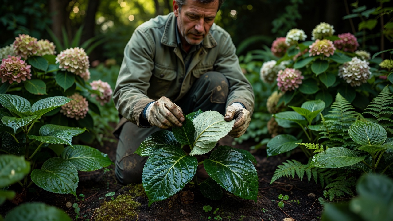 Gardener in a shady border turning over a hydrangea leaf to compare the upper surface with the underside