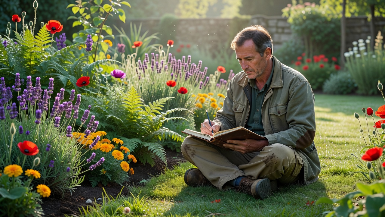Gardener sitting beside a planted border writing observations in a garden notebook in natural morning light