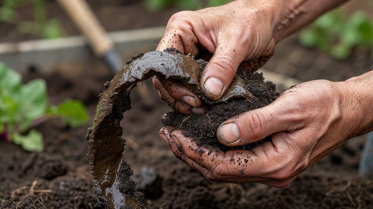 Close view of a gardener's hands pressing moist garden soil into a ribbon to judge its clay content, with the bed blurred behind