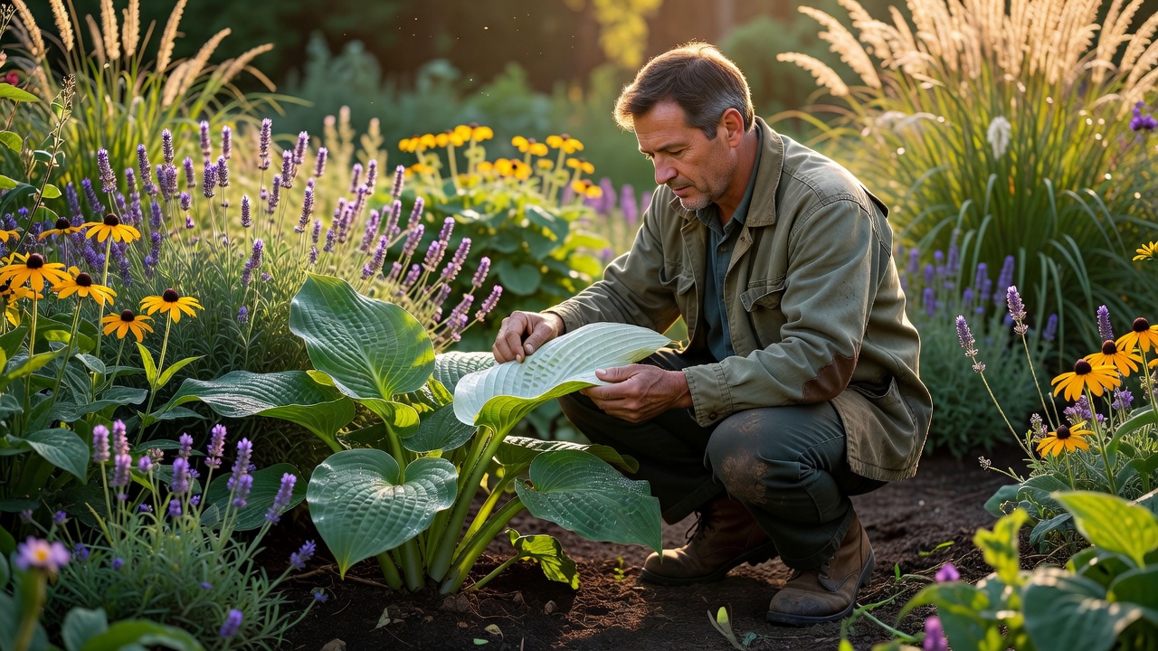 Gärtner kniet in einem sonnigen Beet und dreht ein Blatt um, um die Unterseite im weichen Morgenlicht zu prüfen