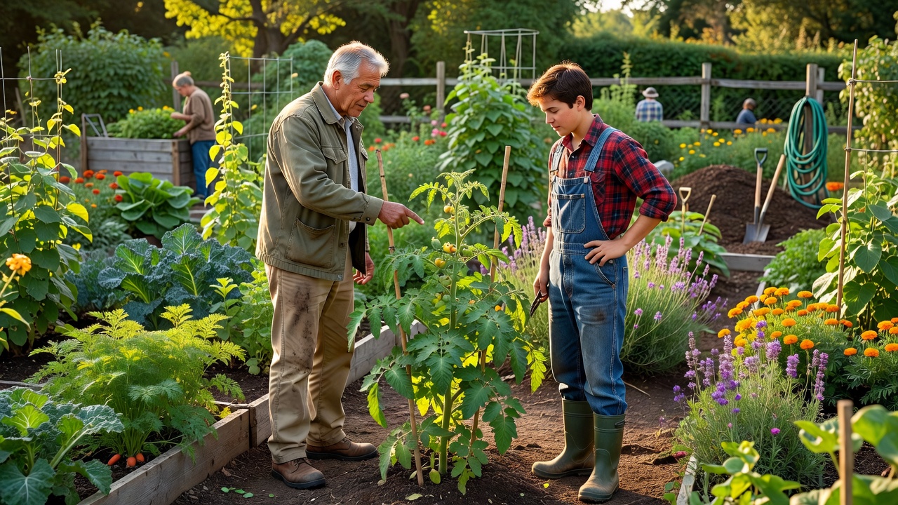 Two gardeners in a community garden discussing a plant while one points to its leaves in natural light