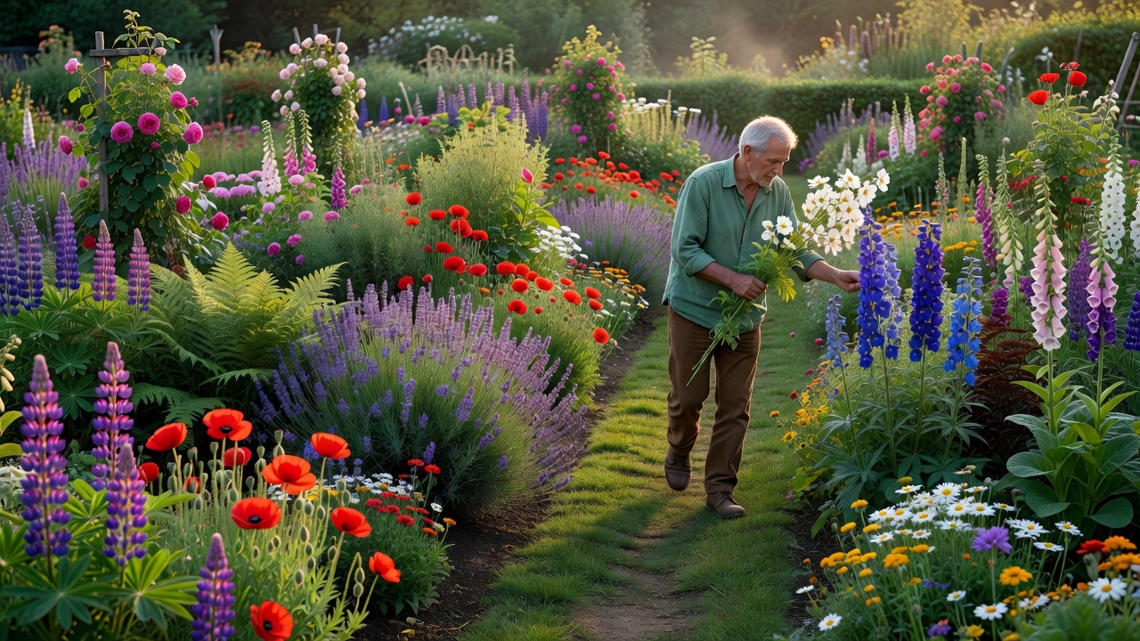 Weiter Blick auf ein gemischtes Bauerngartenbeet im Abendlicht, Gärtner geht zwischen den Beeten, um Pflanzen zu vergleichen