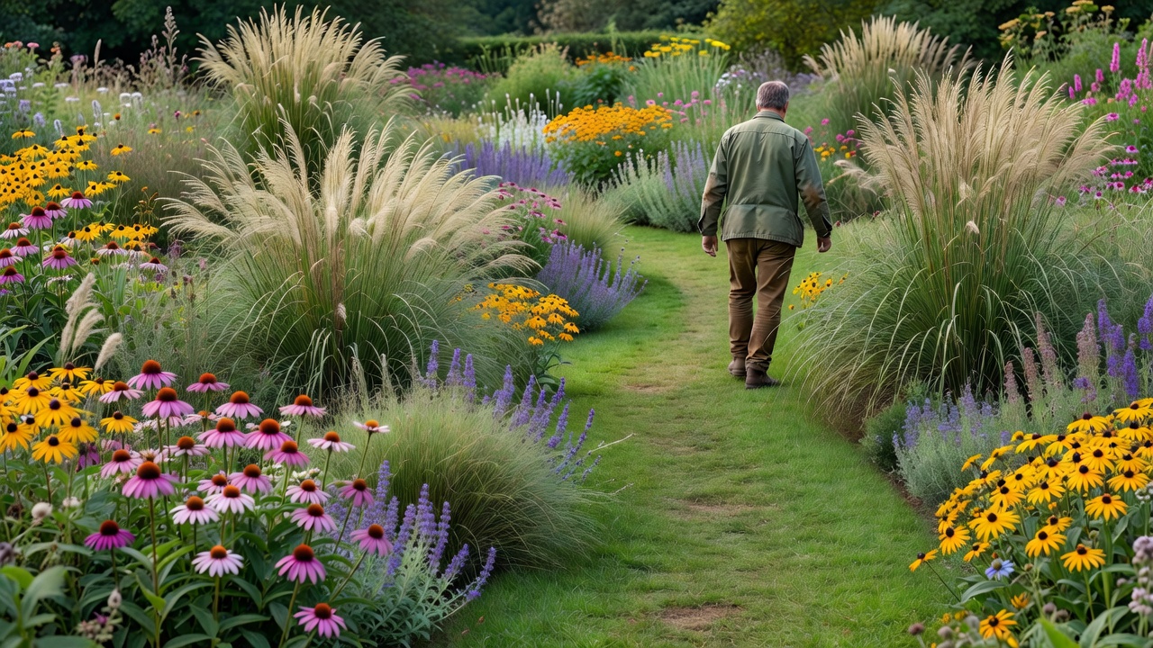 Wide naturalistic perennial planting of grasses and flowering plants with a gardener walking along a mown path in soft light
